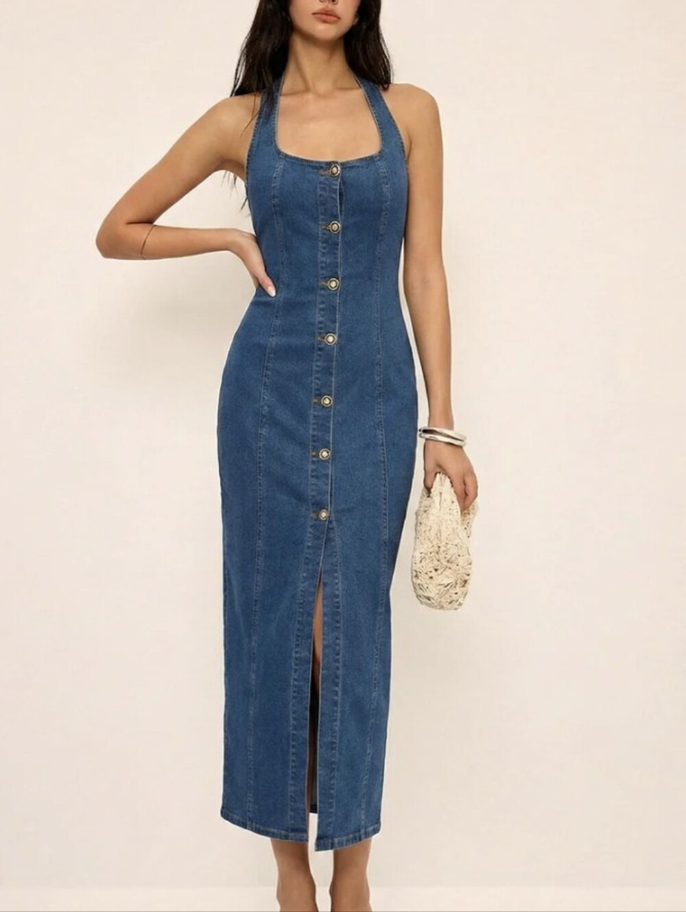 Commense Denium Maxi Dress Halter Neck Gold Buttons Fitted L NWT